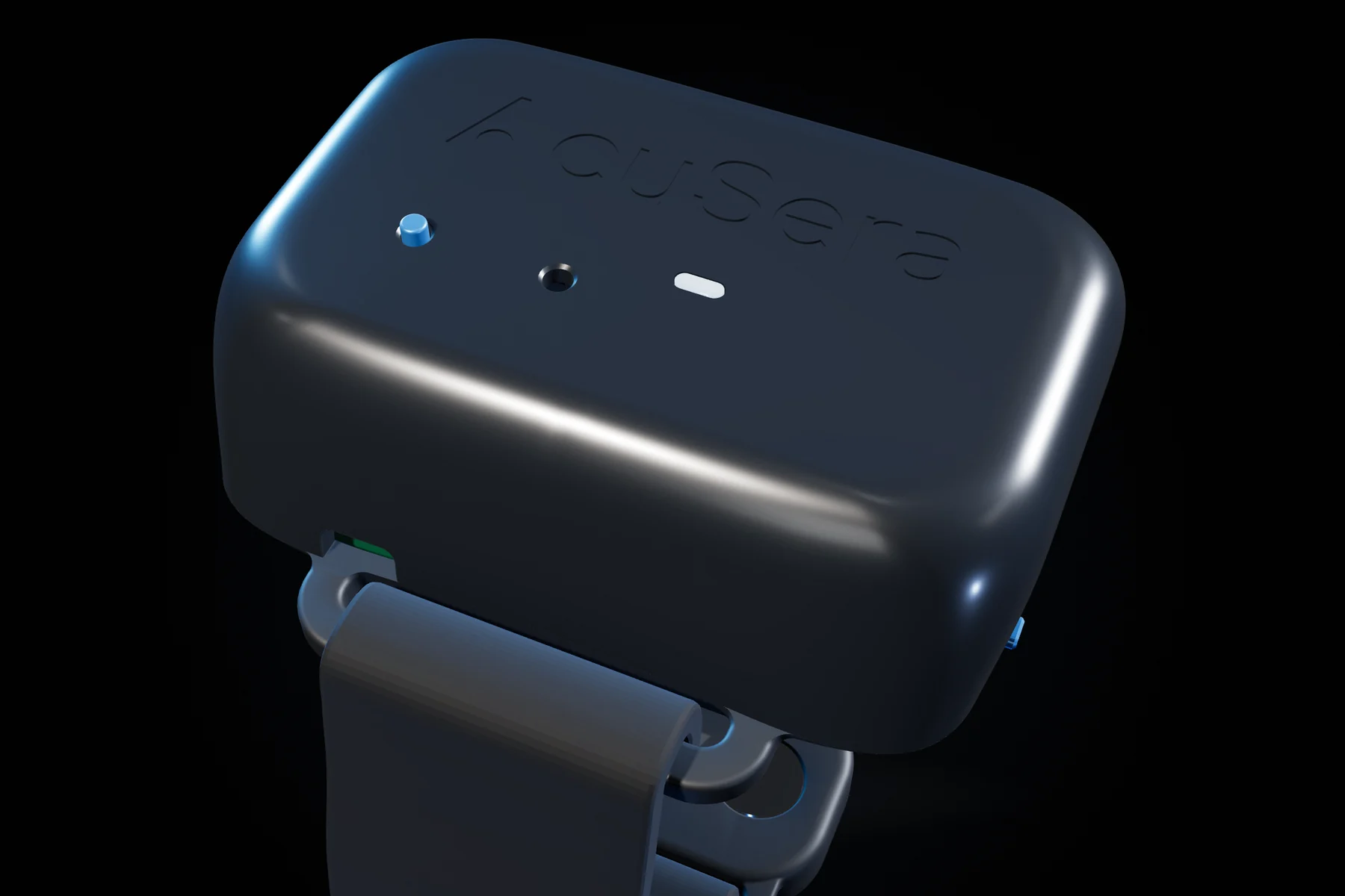 The AcuSera V3 main unit on its strap, seen from above at an angle, with the side button and status light visible.