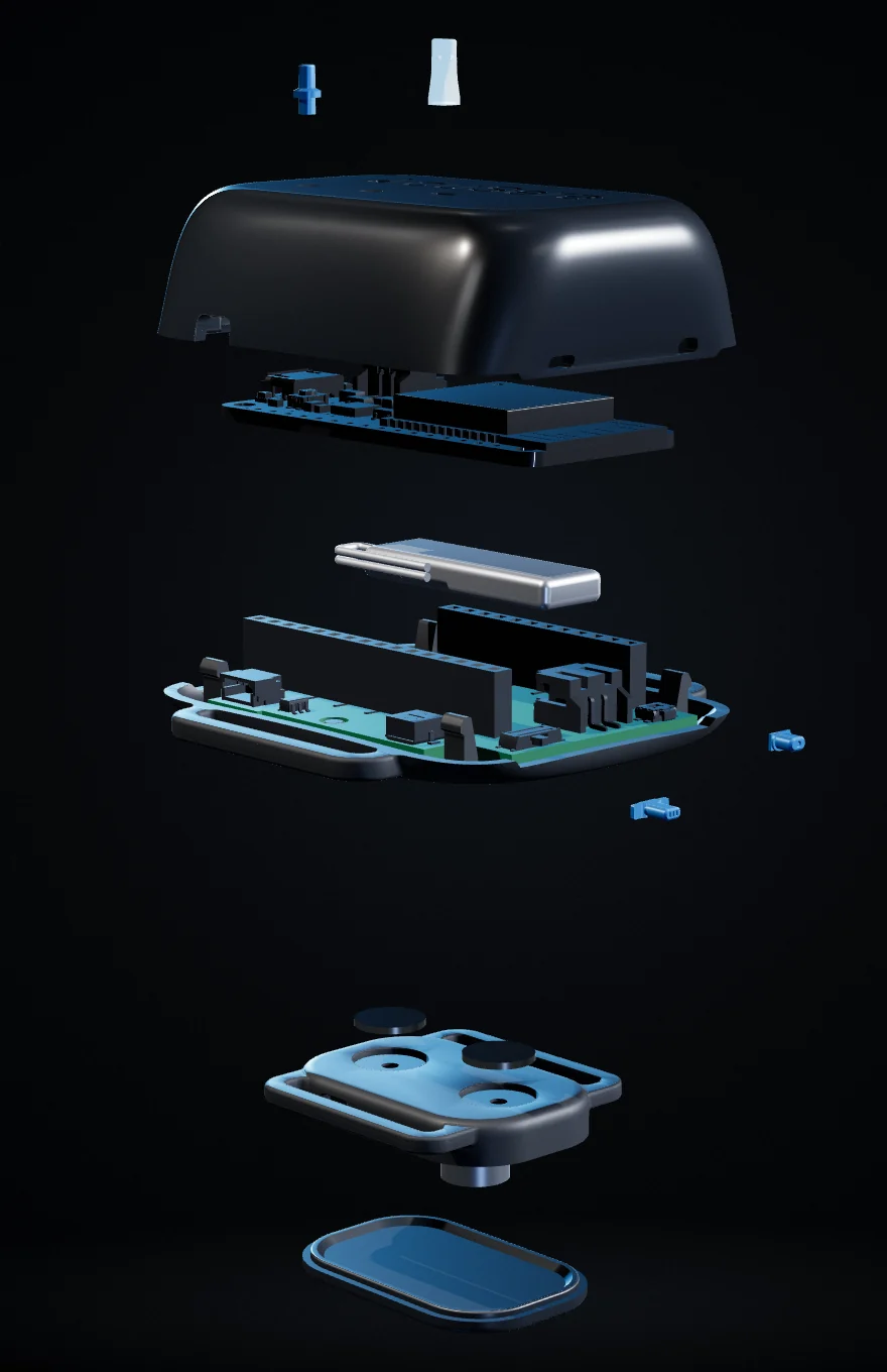Exploded view of the AcuSera V3 prototype, with numbered parts matching the list beside it.