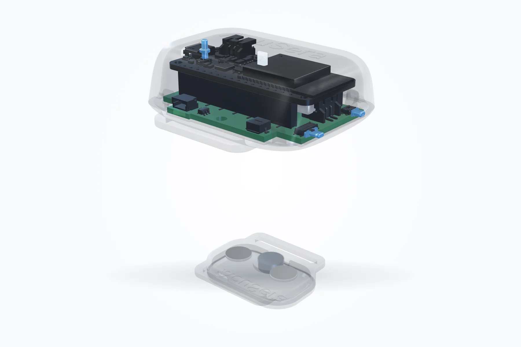 The V3 main unit with its shell made see-through, showing the board and battery inside, and the P6 module below.